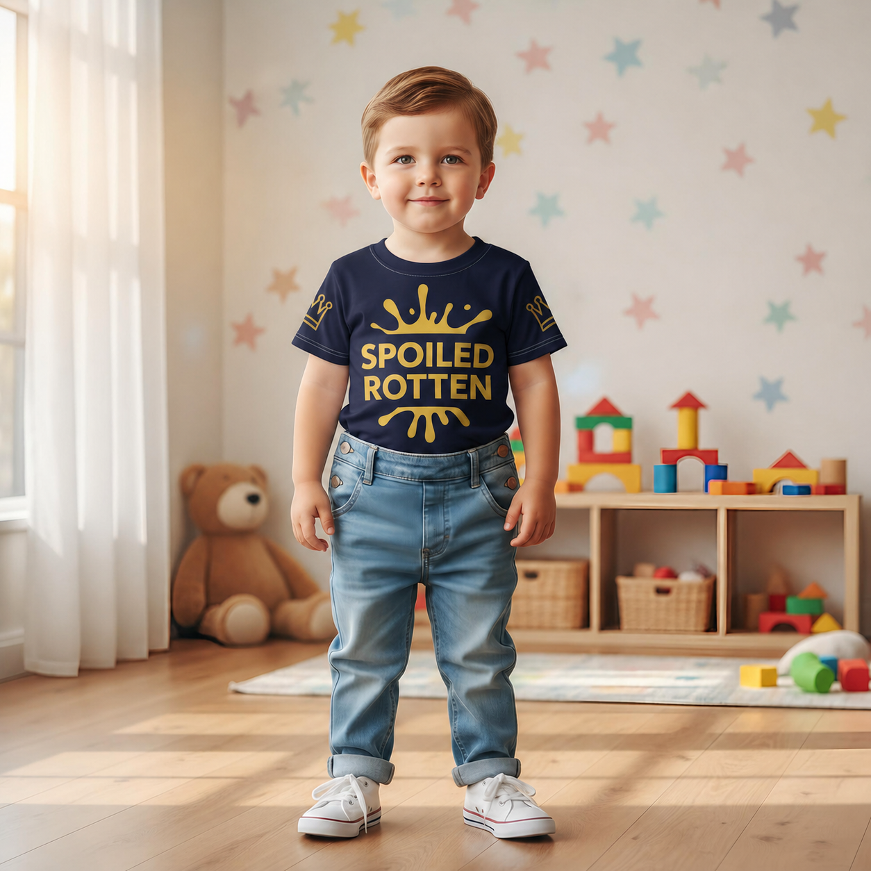 Spoiled Rotten Kids T-Shirt - Navy and Gold Splash Graphic, Size 2T-7, matching set.