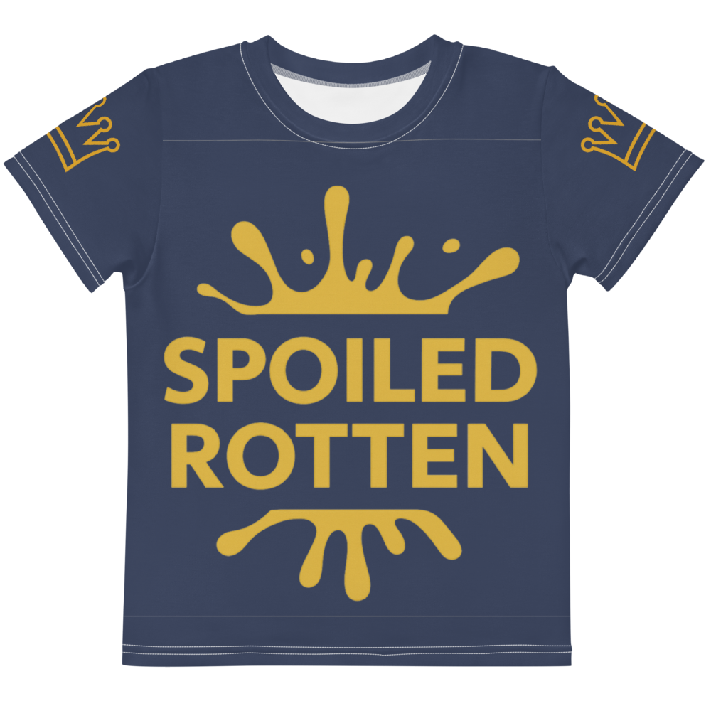 Navy Spoiled Rotten kids T-shirt with gold design front 4 - t on white background
