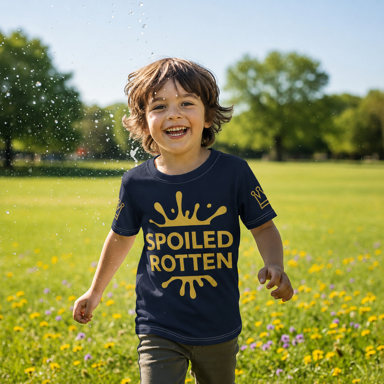 Boy wearing navy Spoiled Rotten T-shirt outdoors