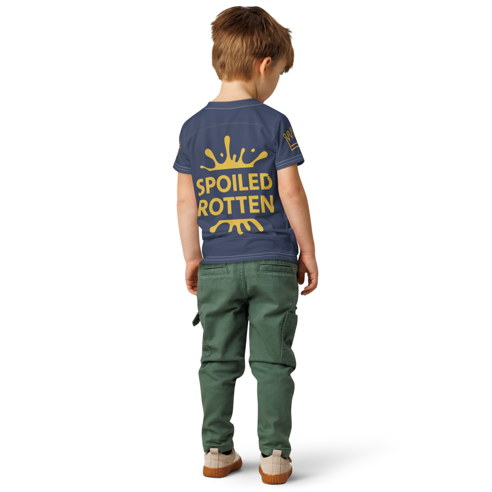 Boy wearing navy and gold Spoiled Rotten, graphic splash design and crown on both sleeves T-shirt back view on white background, by Uncommon Canine Couture Co.