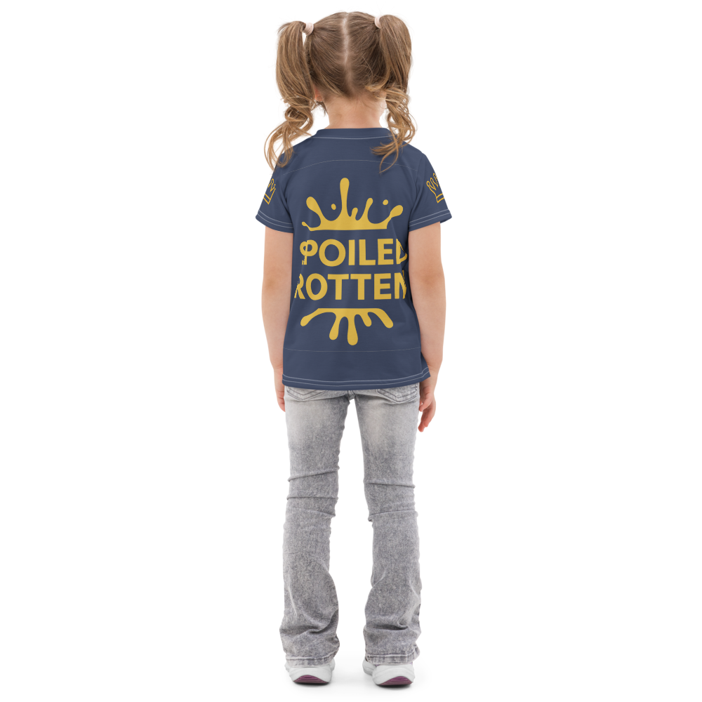 Girl wearing navy Spoiled Rotten T-shirt back view on white background