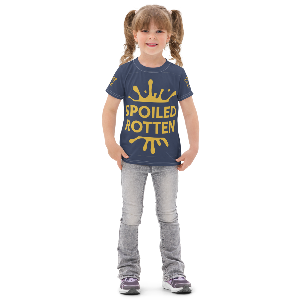 Girl wearing navy Spoiled Rotten T-shirt front view on white background