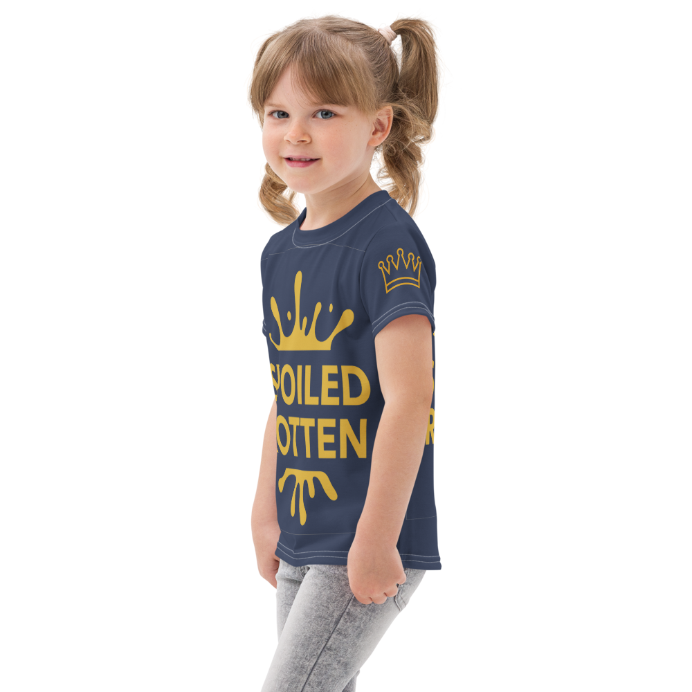 Girl wearing navy Spoiled Rotten T-shirt left view on white background