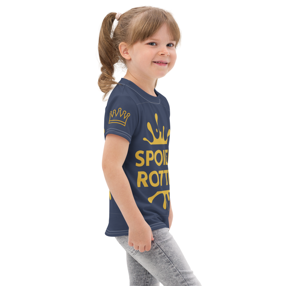 Girl wearing navy Spoiled Rotten T-shirt right view on white background