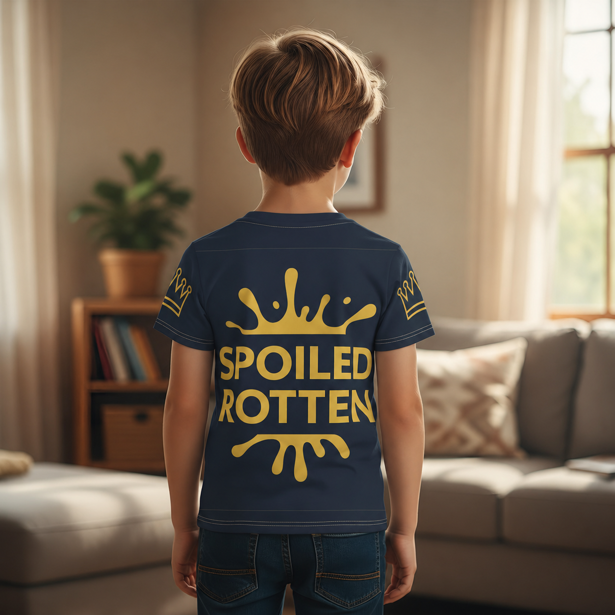 Back view of boy wearing navy Spoiled Rotten T-shirt with splash and crowns on the sleeves.