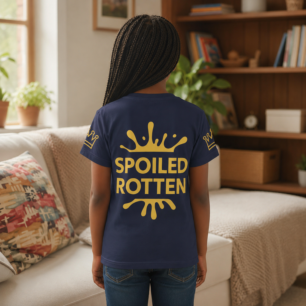  Back view of girl wearing navy Spoiled Rotten T-shirt size 7 with gold design