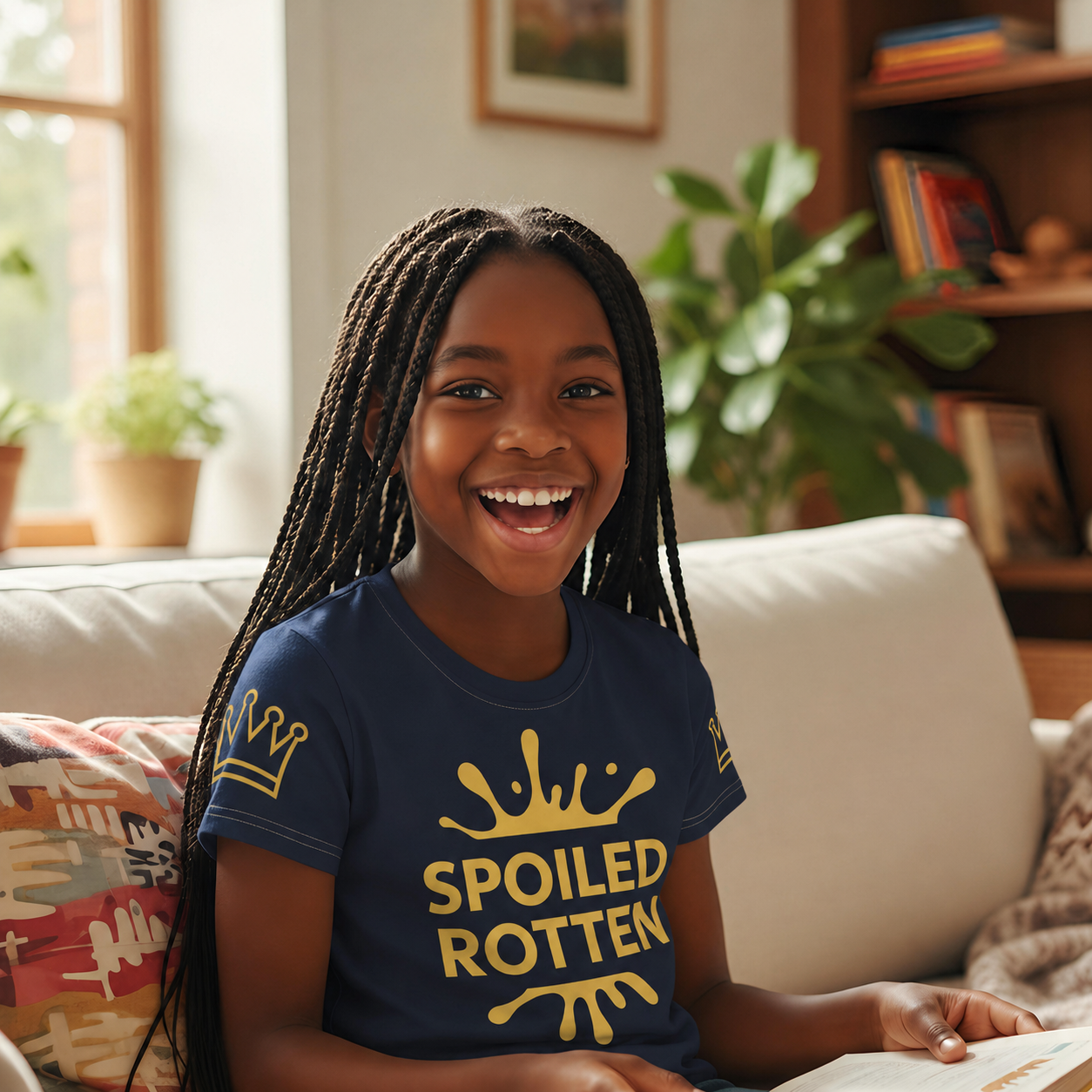  Smiling girl wearing navy Spoiled Rotten T-shirt with gold design. Uncommon Canine Couture Co.