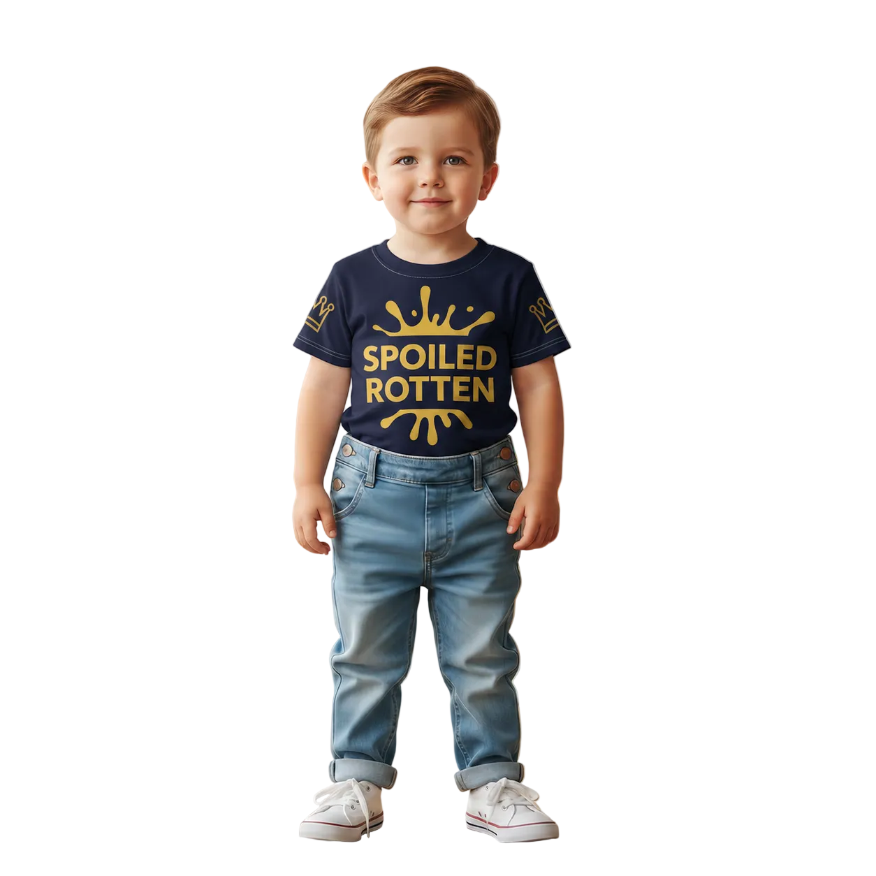 Boy wearing navy soft cotton Spoiled Rotten T-shirt in playroom