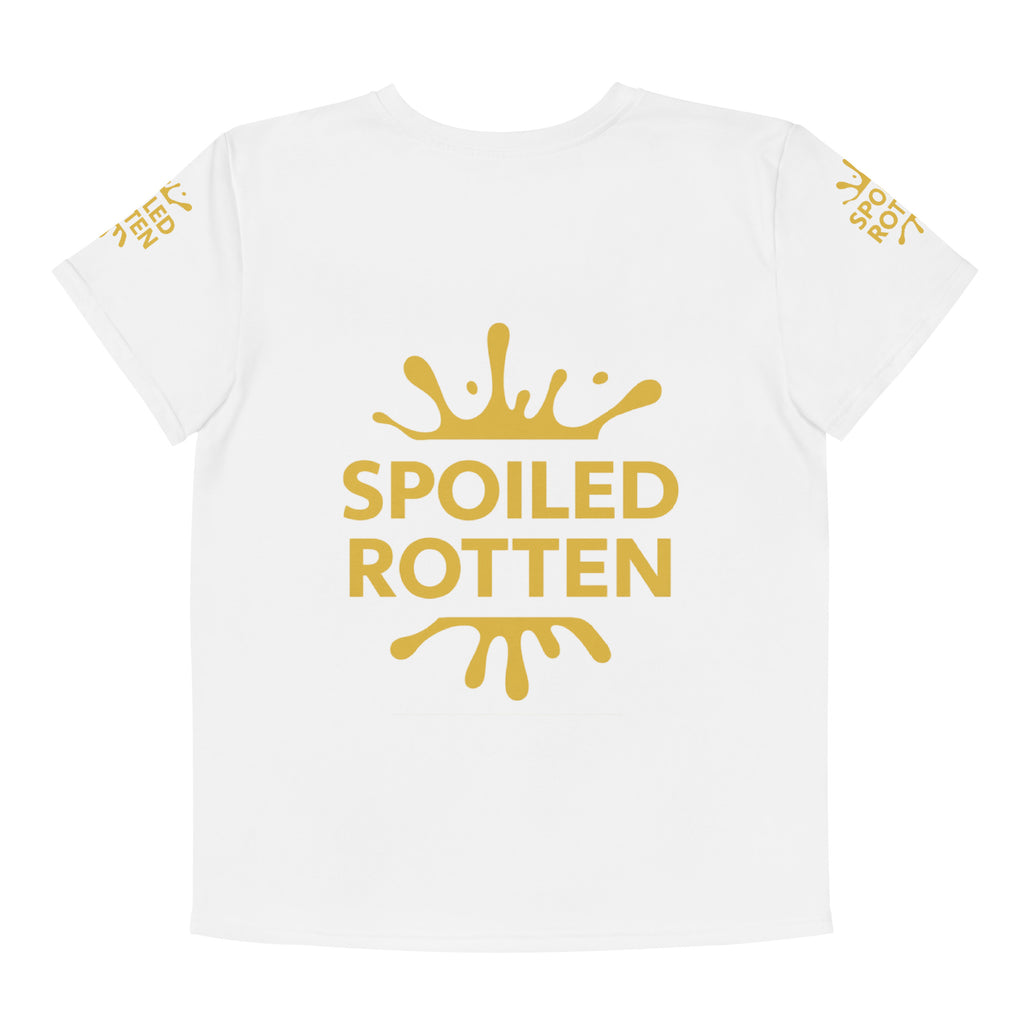 White short-sleeve T-shirt with a large gold splash the words 'SPOILED ROTTEN' printed on the front, same small gold same text on both sleeves.