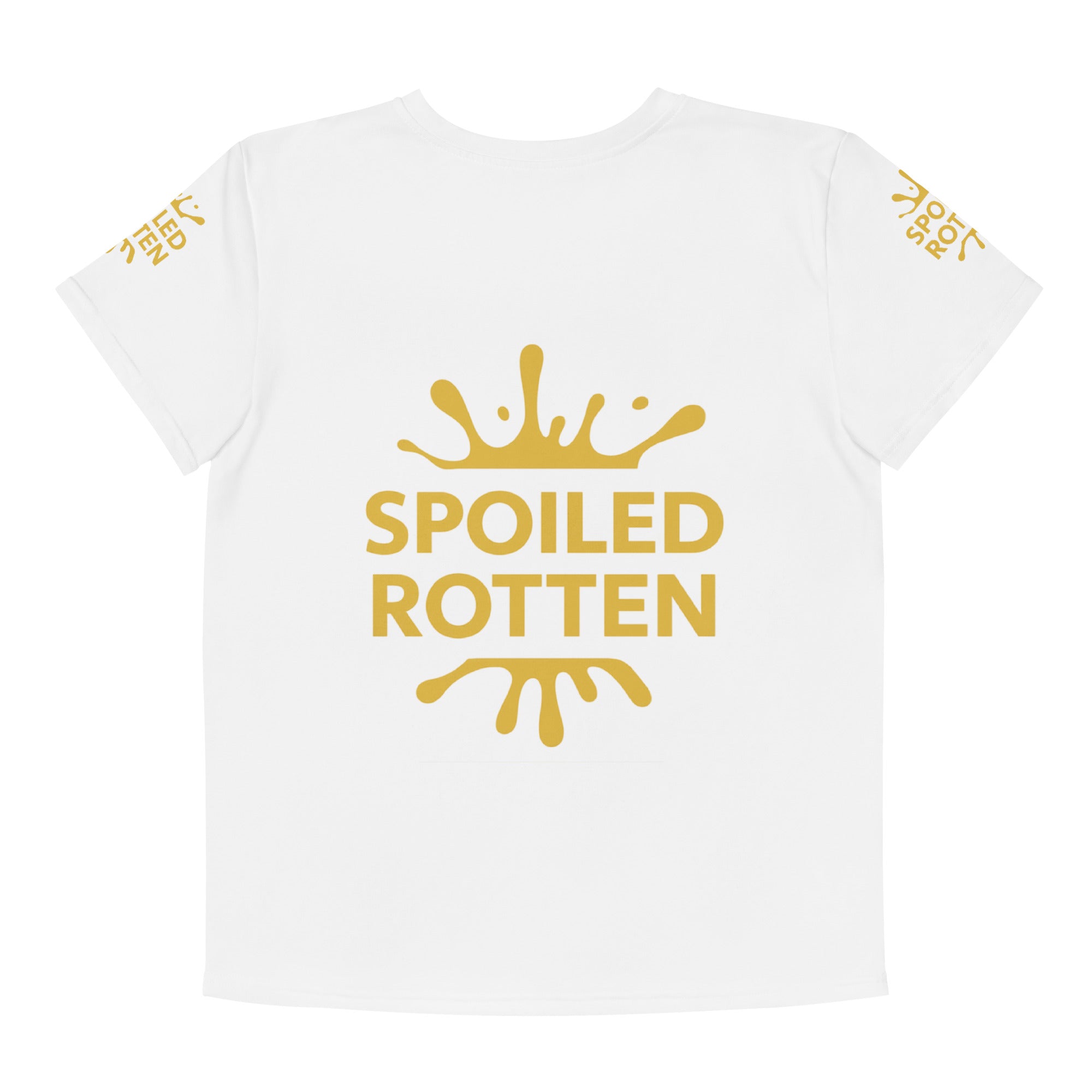 White short-sleeve T-shirt with a large gold splash the words 'SPOILED ROTTEN' printed on the front, same small gold same text on both sleeves.