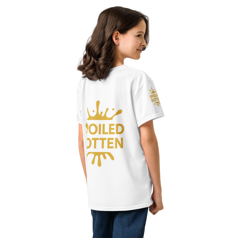 A young girl teen back view wearing an all over print white t-shirt with a gold splash and 'ROILED AND ROTTEN' all over print.
