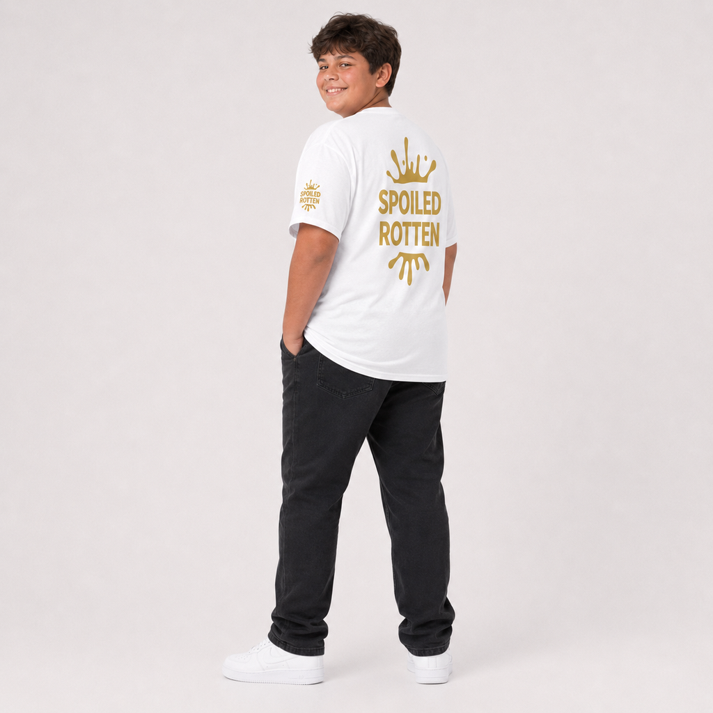 White t-shirt featuring a gold splash graphic and the text 'SPOILED ROTTEN' all over print design.