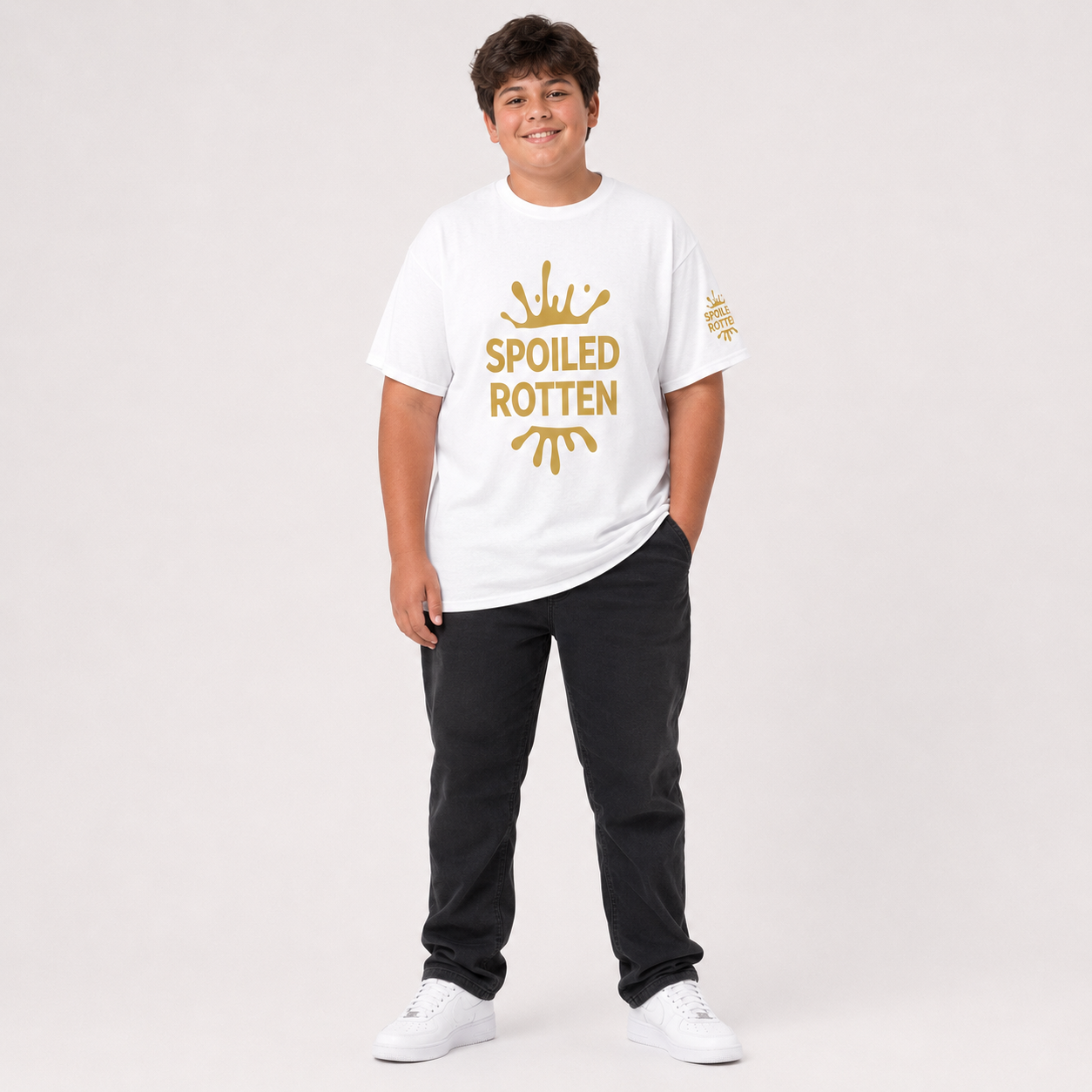 T-shirt with a gold 'SPOILED ROTTEN' graphic and splash design on the front, white studio background.