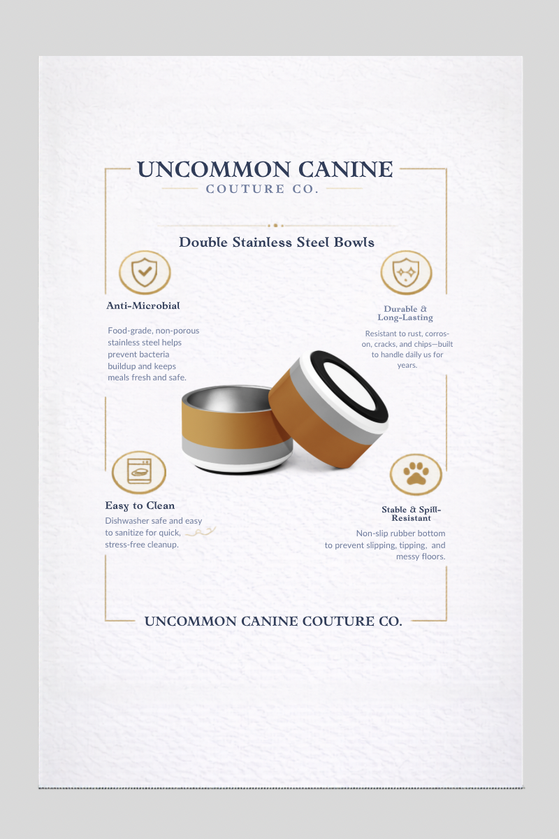 Product description sheet for Uncommon Canine Couture Co. double stainless steel bowls on a white background.