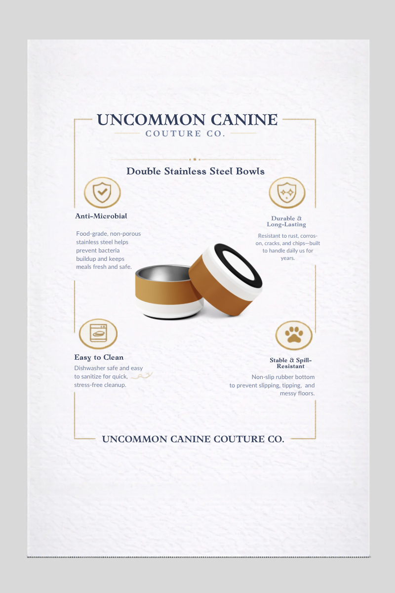 Product description sheet for Uncommon Canine Double Stainless Steel Bowls on a white background