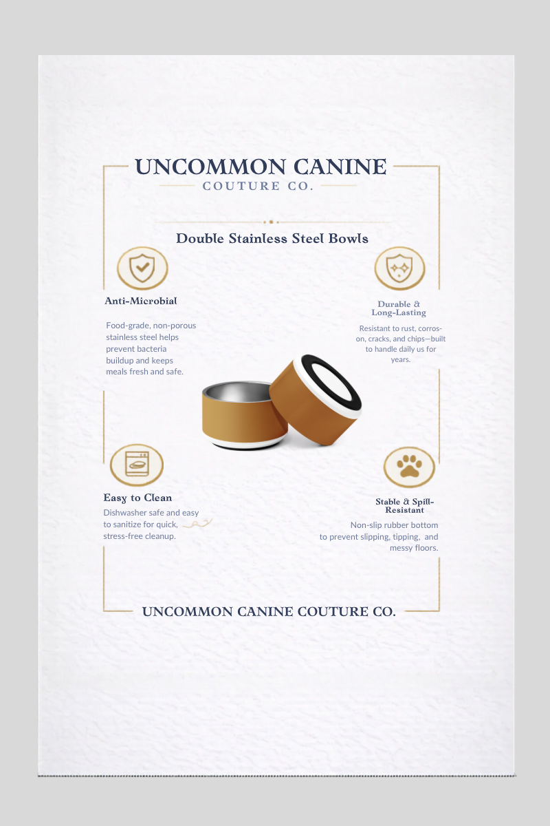 Product description sheet for Uncommon Canine Double Stainless Steel Bowls on a white background
