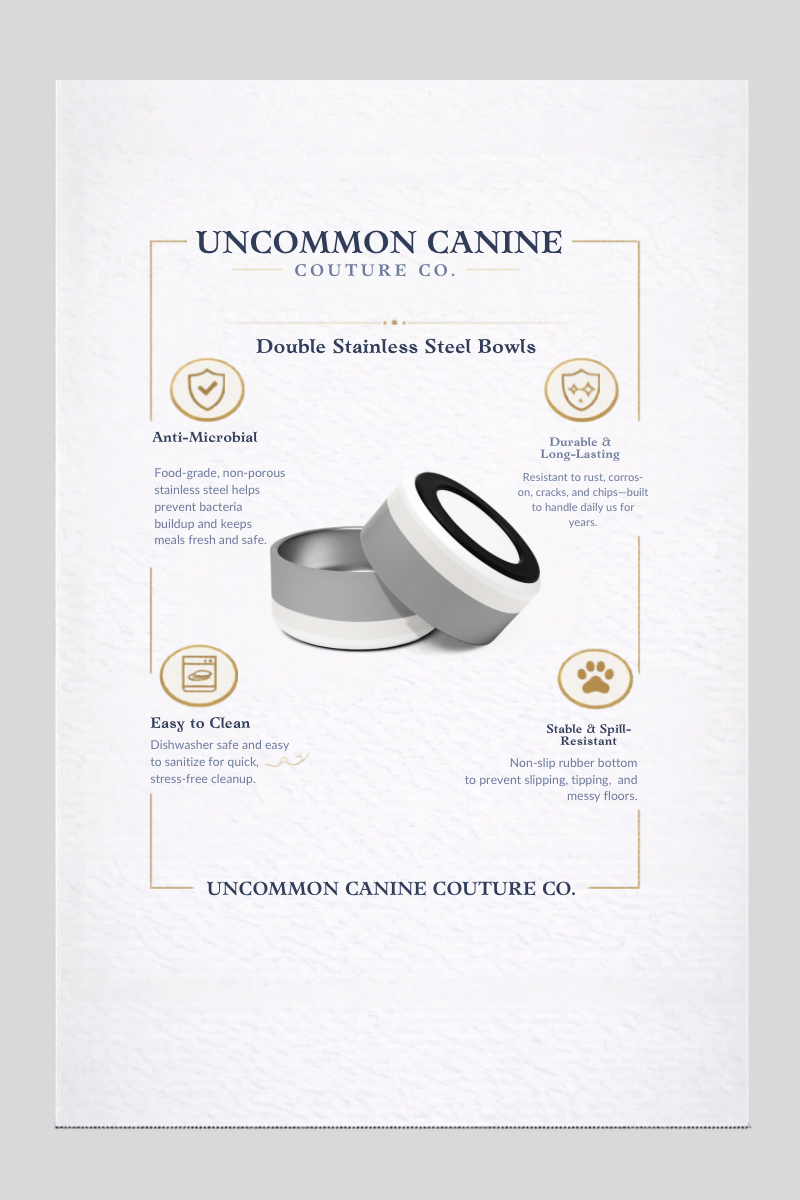 Product description sheet for Uncommon Canine Couture Co. double stainless steel bowls on a white background.