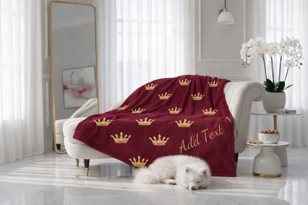 Burgundy blanket with gold crowns and 'Add Text' on a white sofa in a bright room.