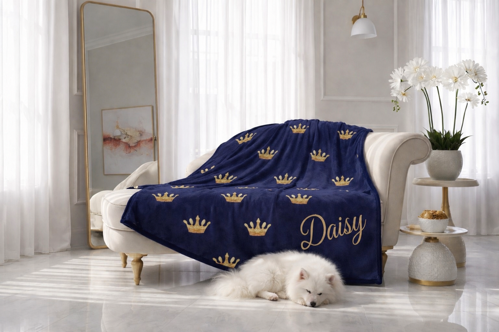 Dog lying on a blue blanket with gold crowns and 'Daisy' text on a white couch in a bright room.