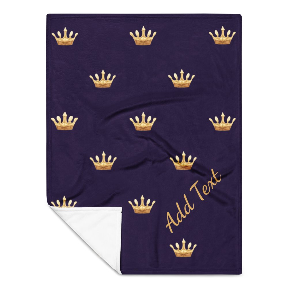 Navy blanket with gold crowns and 'Add Text' option on a white background