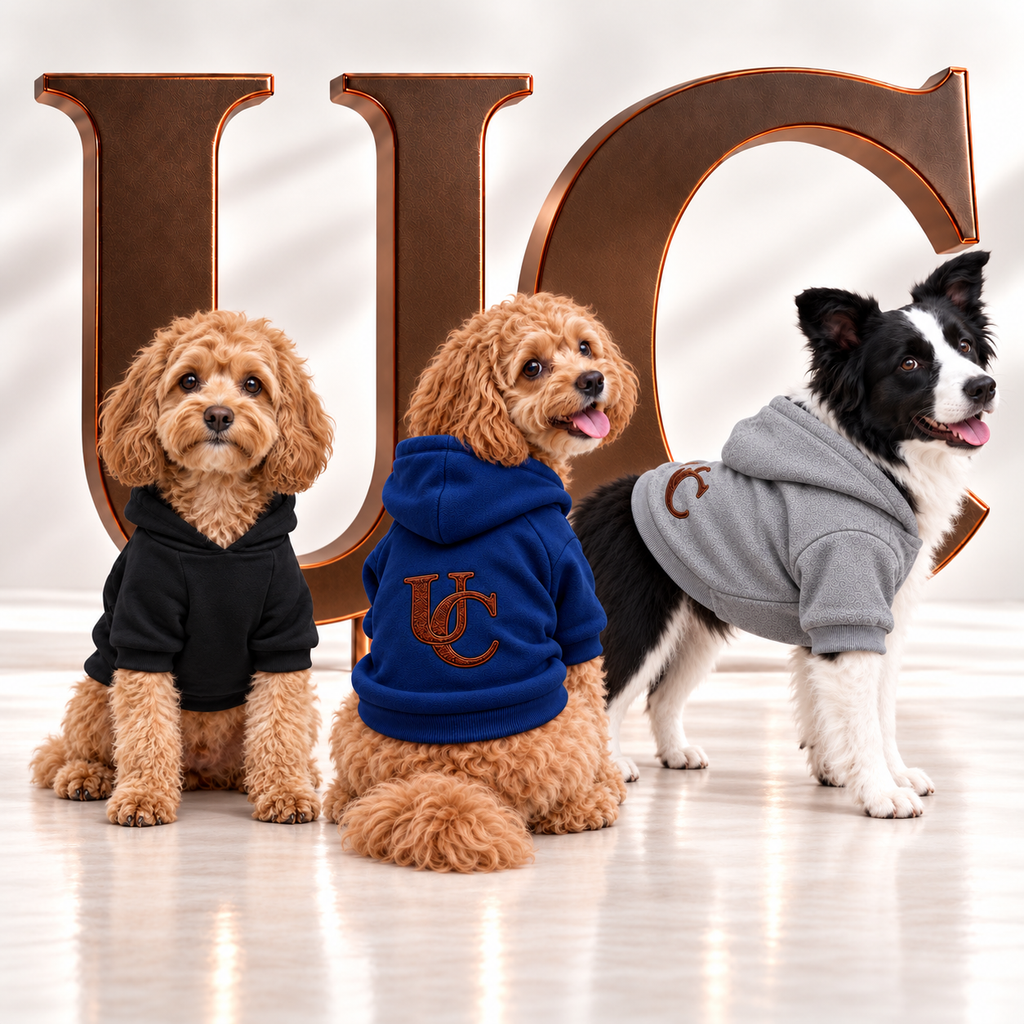 Three dogs wearing the Signature UC Monogram Dog Hoodie displayed in a luxury studio setting with oversized bronze UC letters.