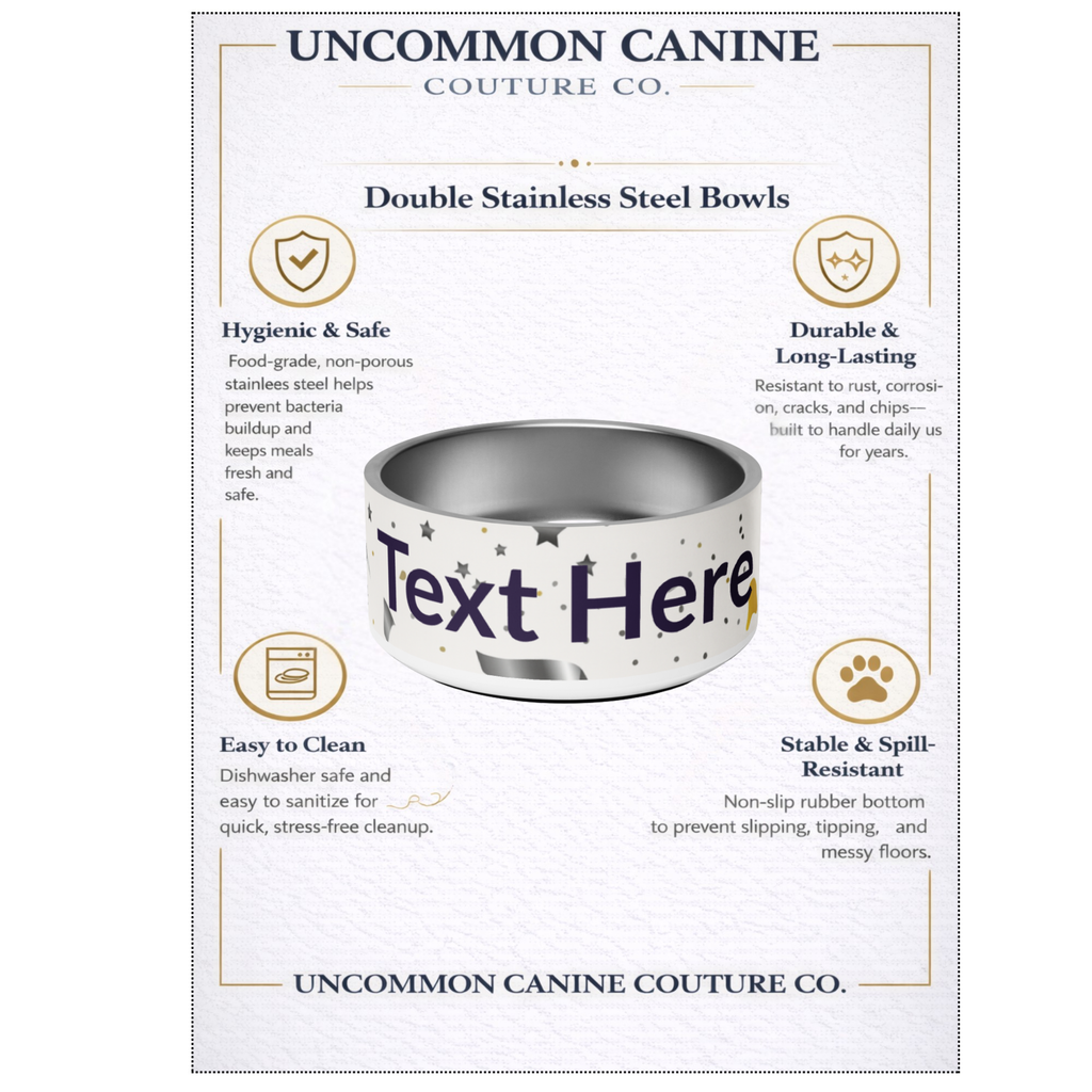 Uncommon Canine Couture Co. dog bowl with text customization options on a white background