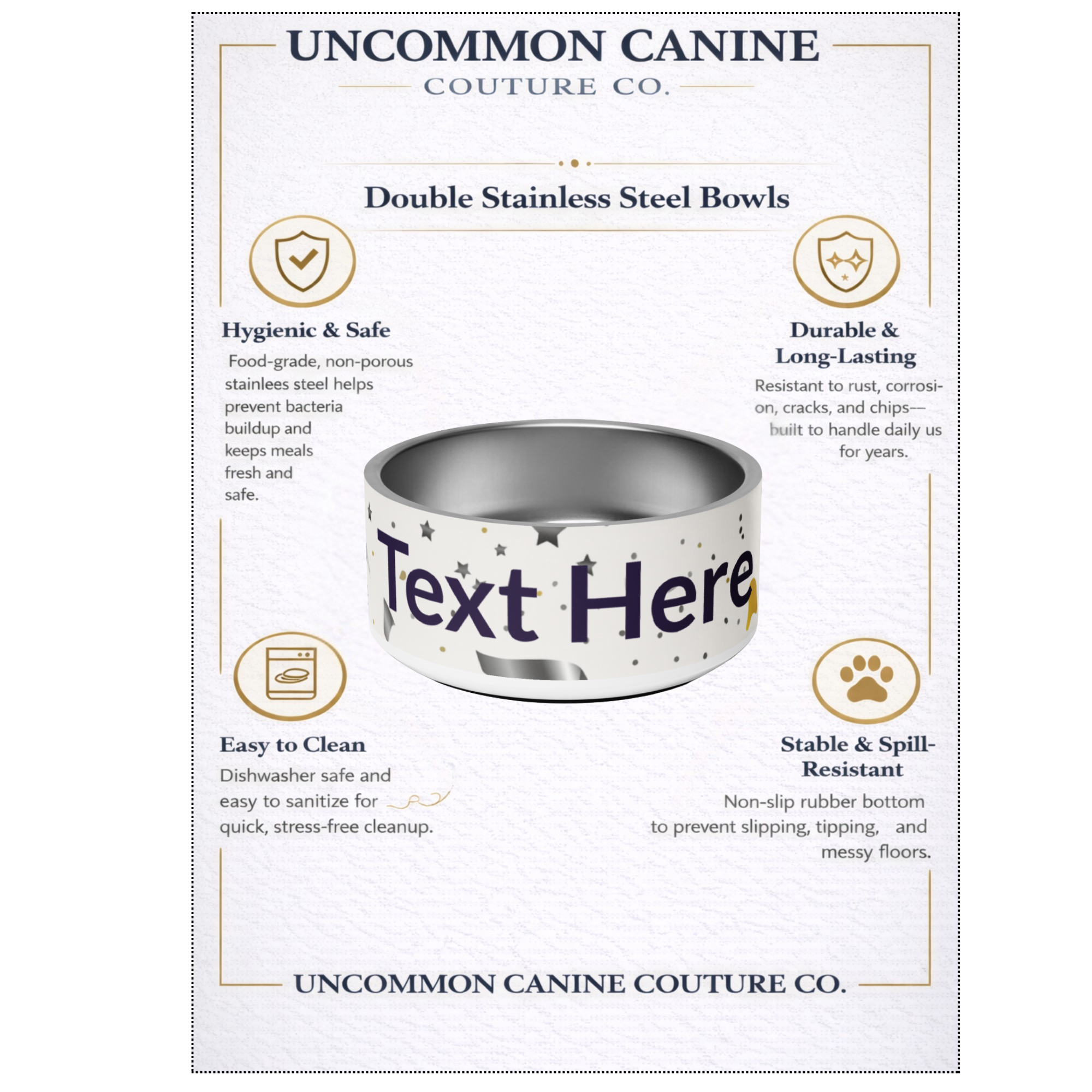 Uncommon Canine Couture Co. dog bowl with text customization options on a white background