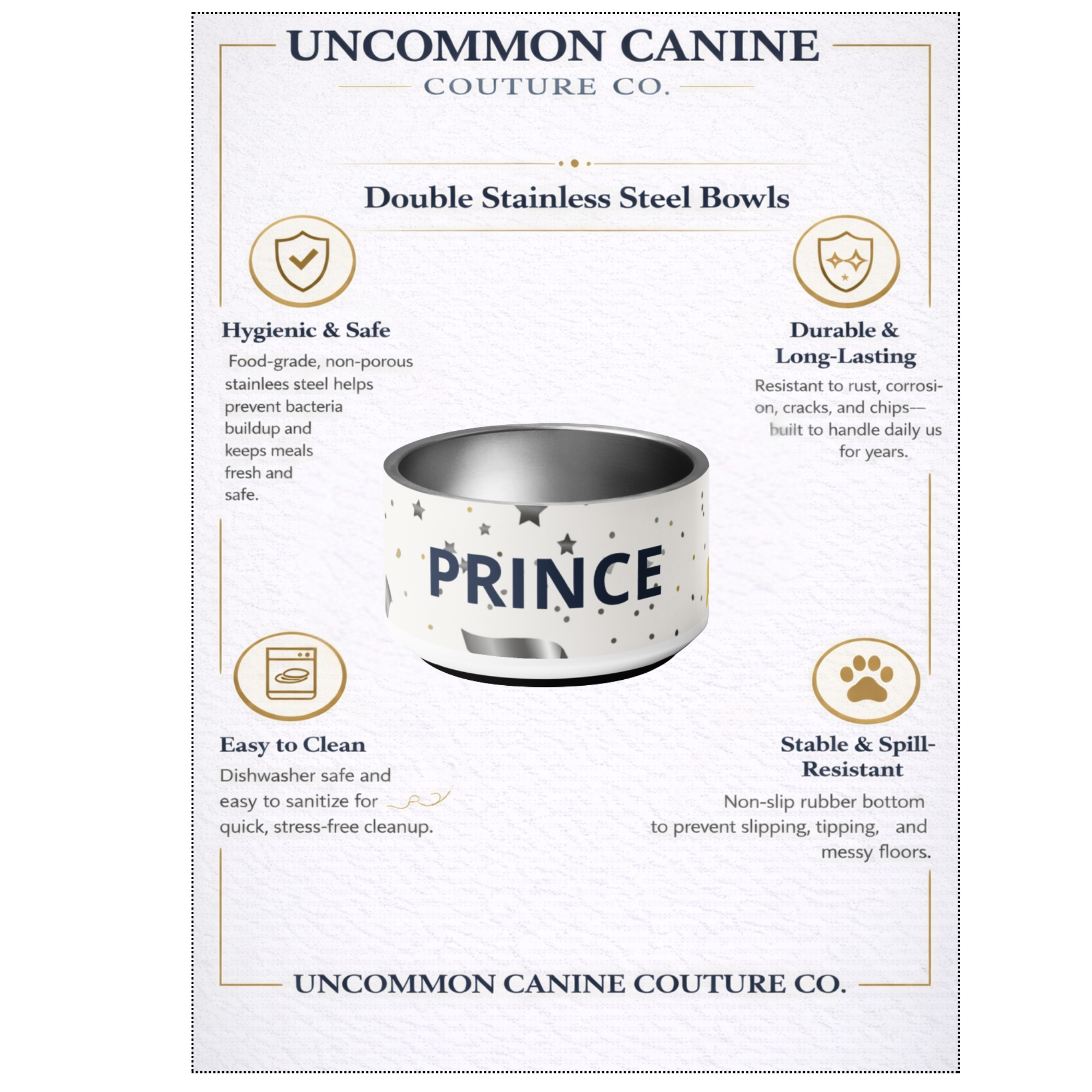 Uncommon Canine Couture Co. dog bowl with features listed on a white background