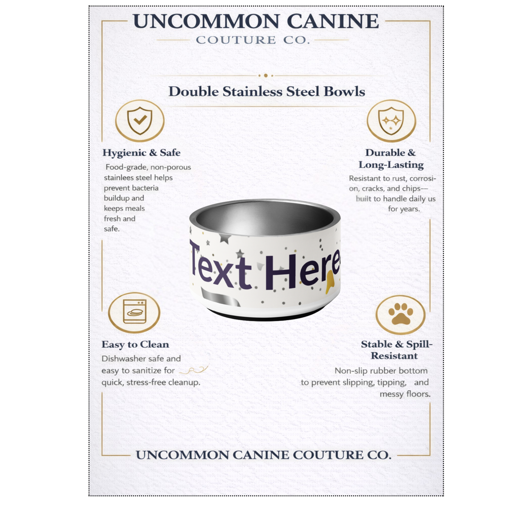 Uncommon Canine Couture Co. dog bowl packaging with text customization option.