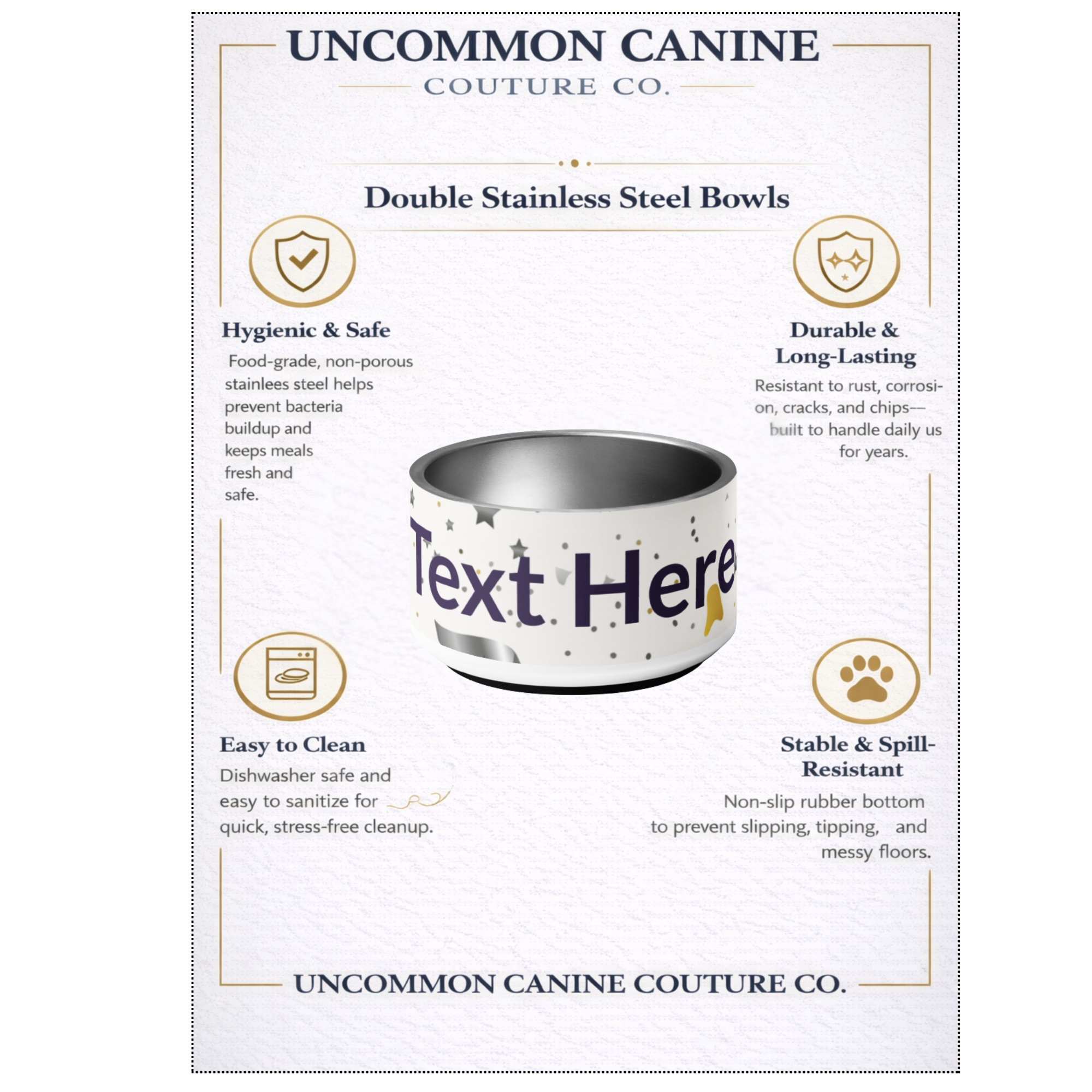 Uncommon Canine Couture Co. dog bowl packaging with text customization option.