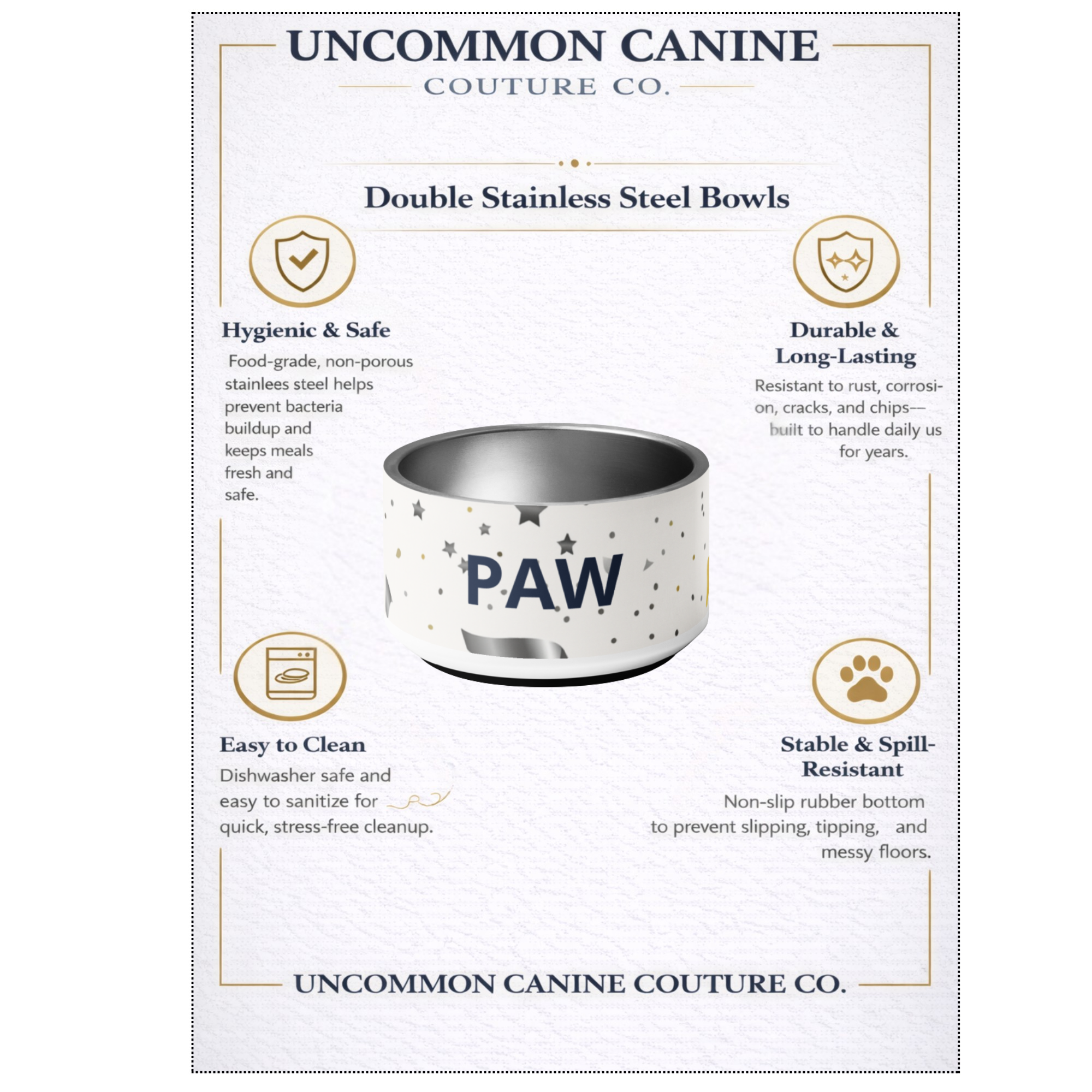 Uncommon Canine Couture Co. dog bowl with features listed on a white background