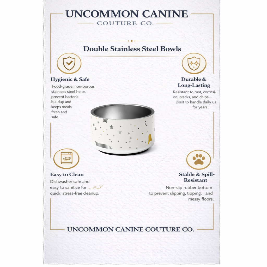 Uncommon Canine Couture Co. double stainless steel bowls packaging with product image and features.