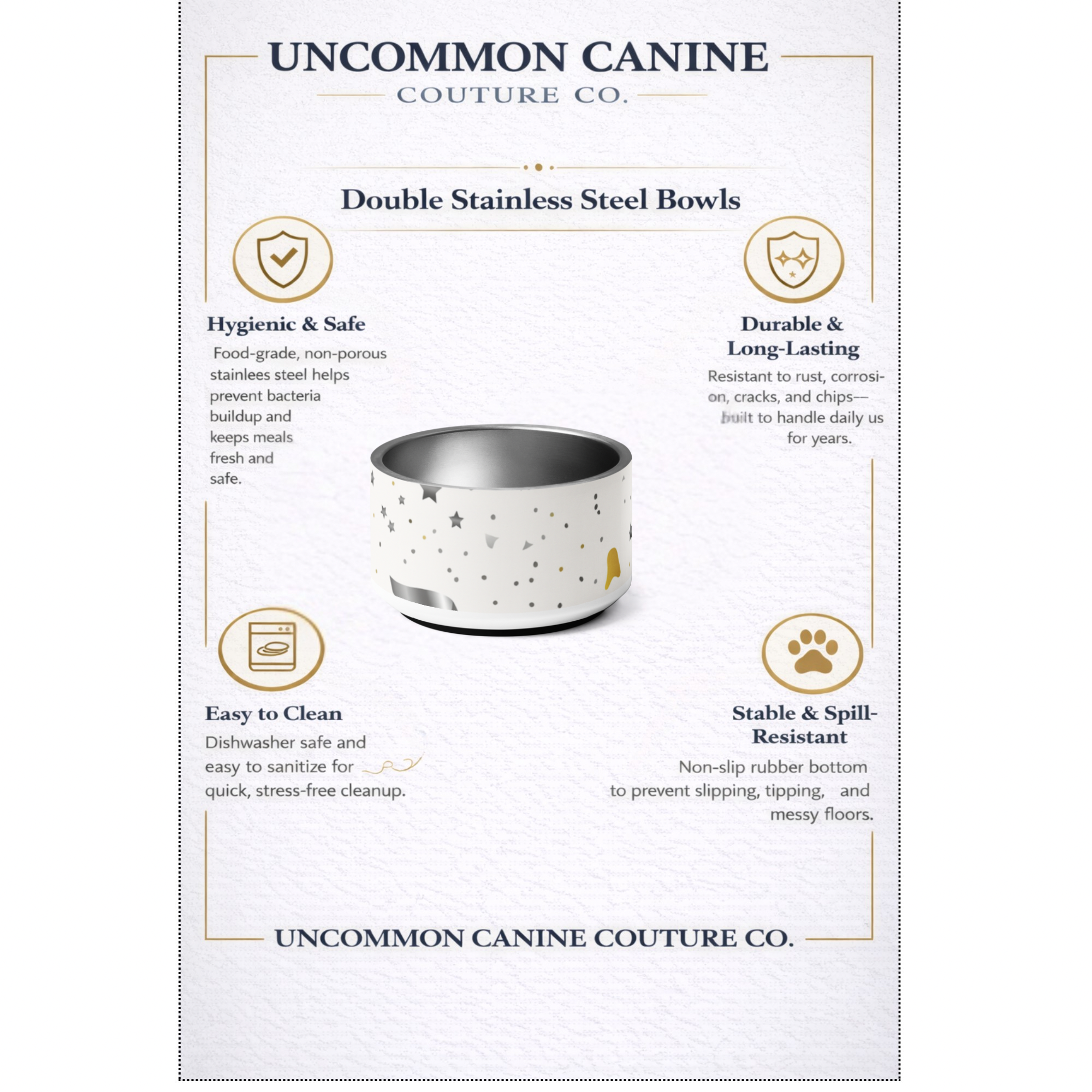 Uncommon Canine Couture Co. double stainless steel bowls packaging with product image and features.