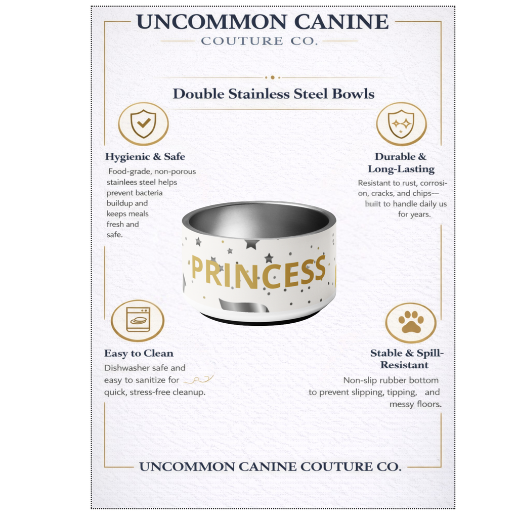 Uncommon Canine Couture Co. dog bowl with 'Princess' text on a branded background