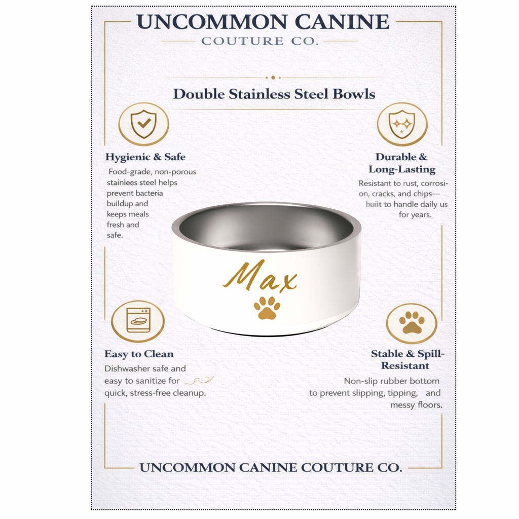 Stainless steel dog bowl with 'Max' engraved, on Uncommon Canine Couture Co. packaging.