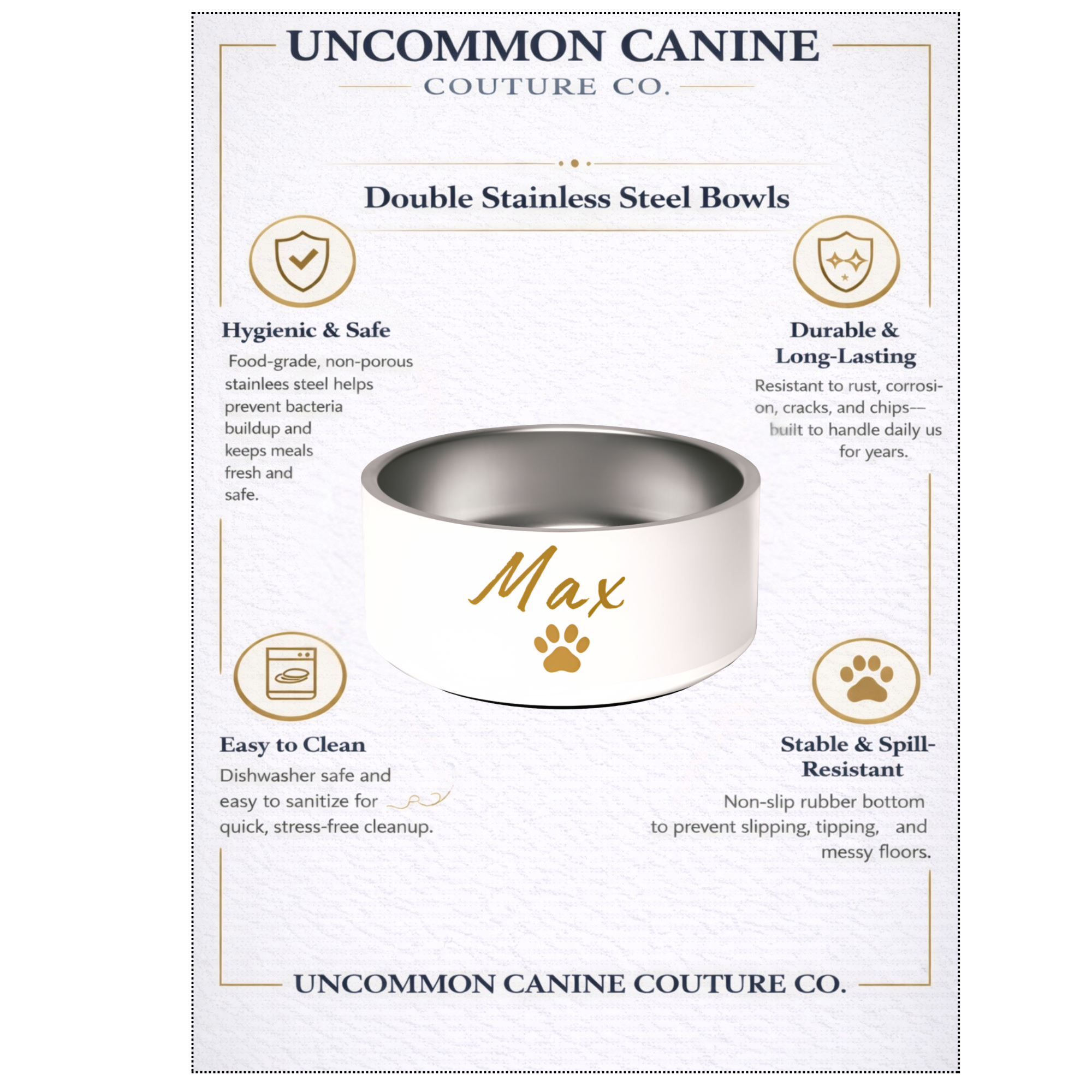 Stainless steel dog bowl with 'Max' engraved, on Uncommon Canine Couture Co. packaging.