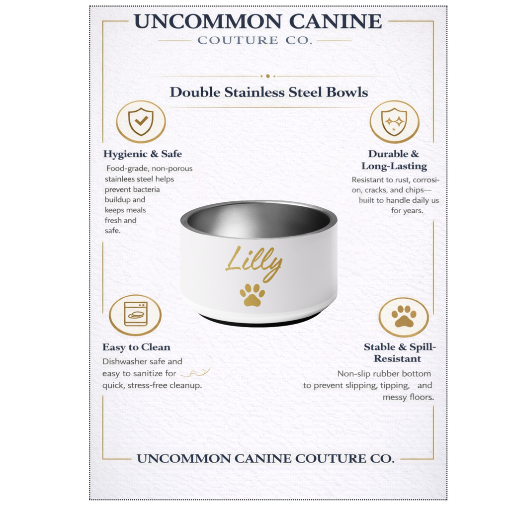 Uncommon Canine Couture Co. stainless steel bowl with branding and product features on a white background