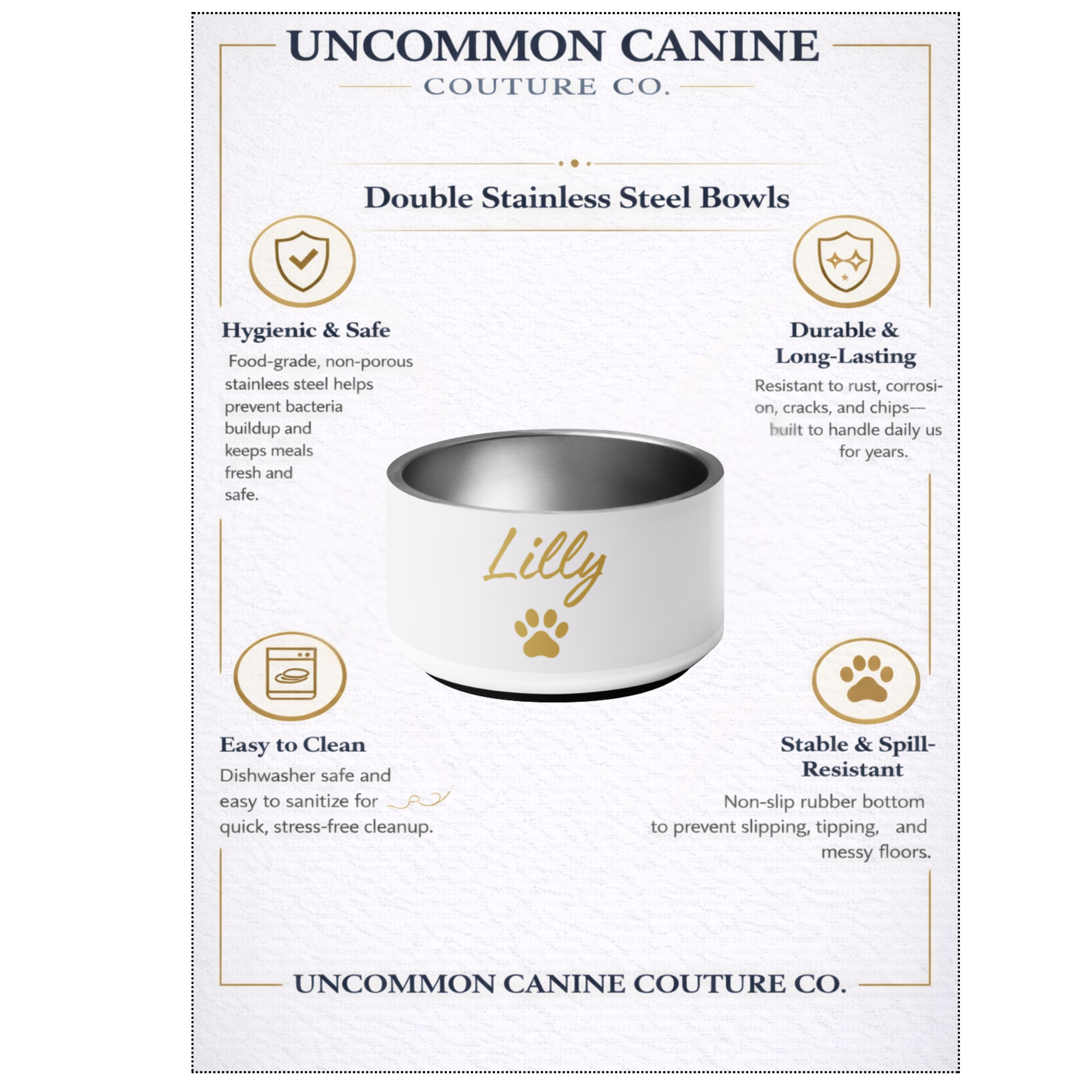 Uncommon Canine Couture Co. stainless steel bowl with branding and product features on a white background