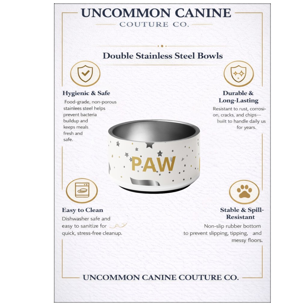 Uncommon Canine Couture Co. dog bowl with features listed on a white background