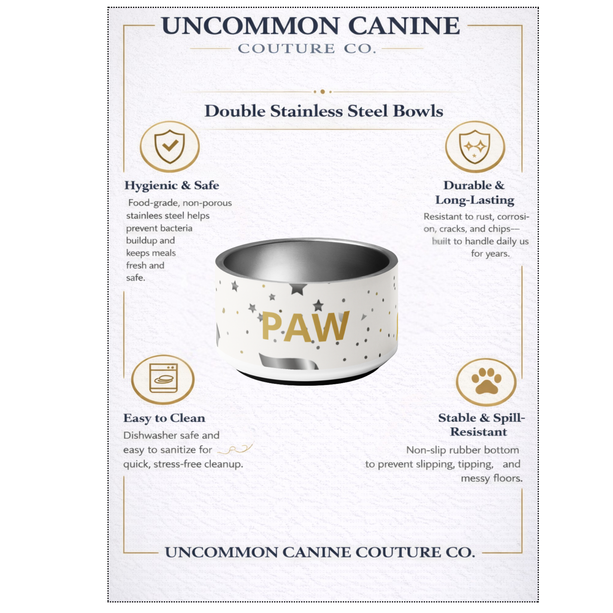 Uncommon Canine Couture Co. dog bowl with features listed on a white background