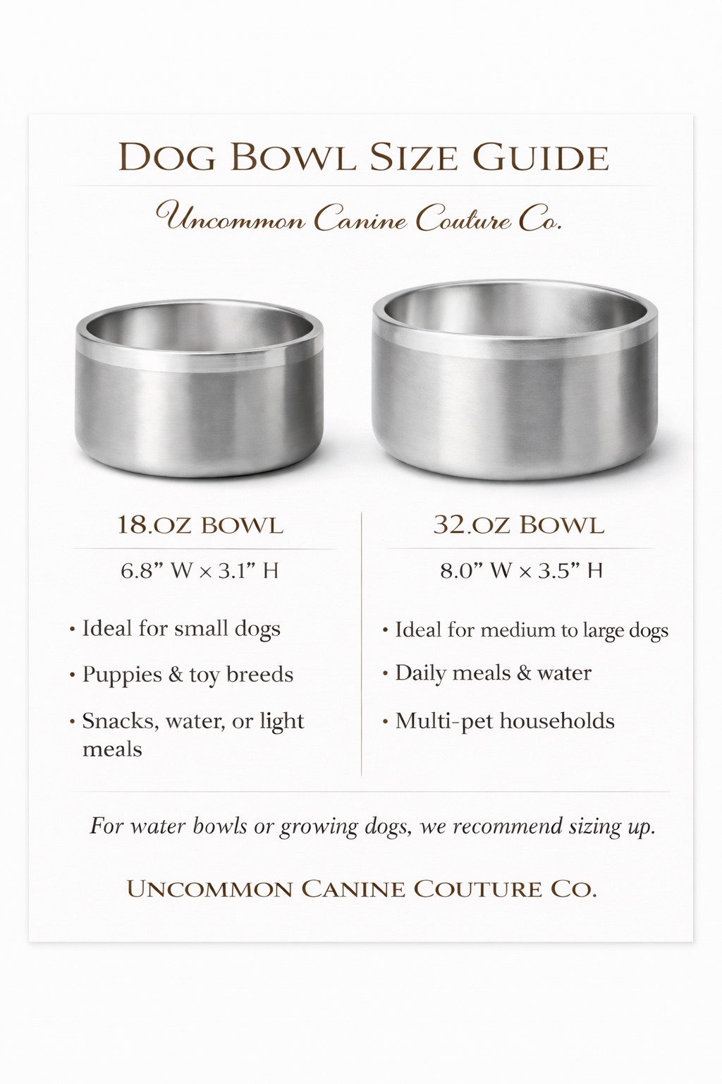 Dog bowl size guide with two stainless steel bowls and dimensions of 18 and 32 oz on a white background.
