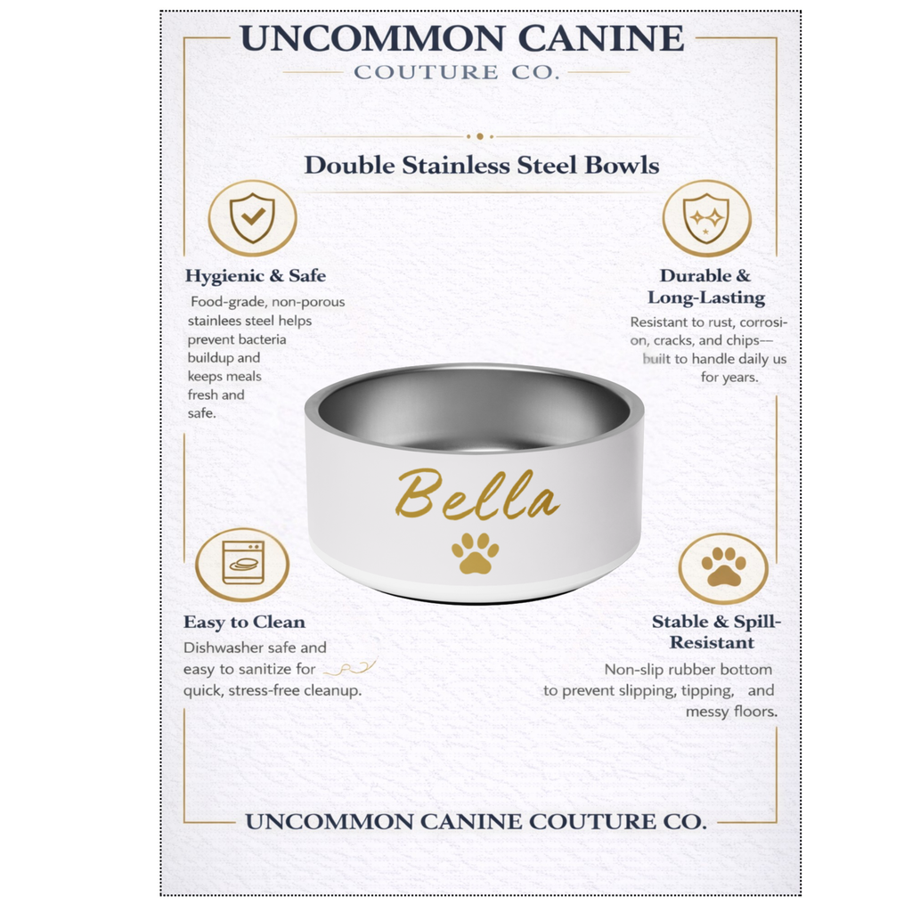 Uncommon Canine Couture Co., double stainless steel bowls with product features listed, dishwasher safe, antimicrobial, non-slip product benefit card.