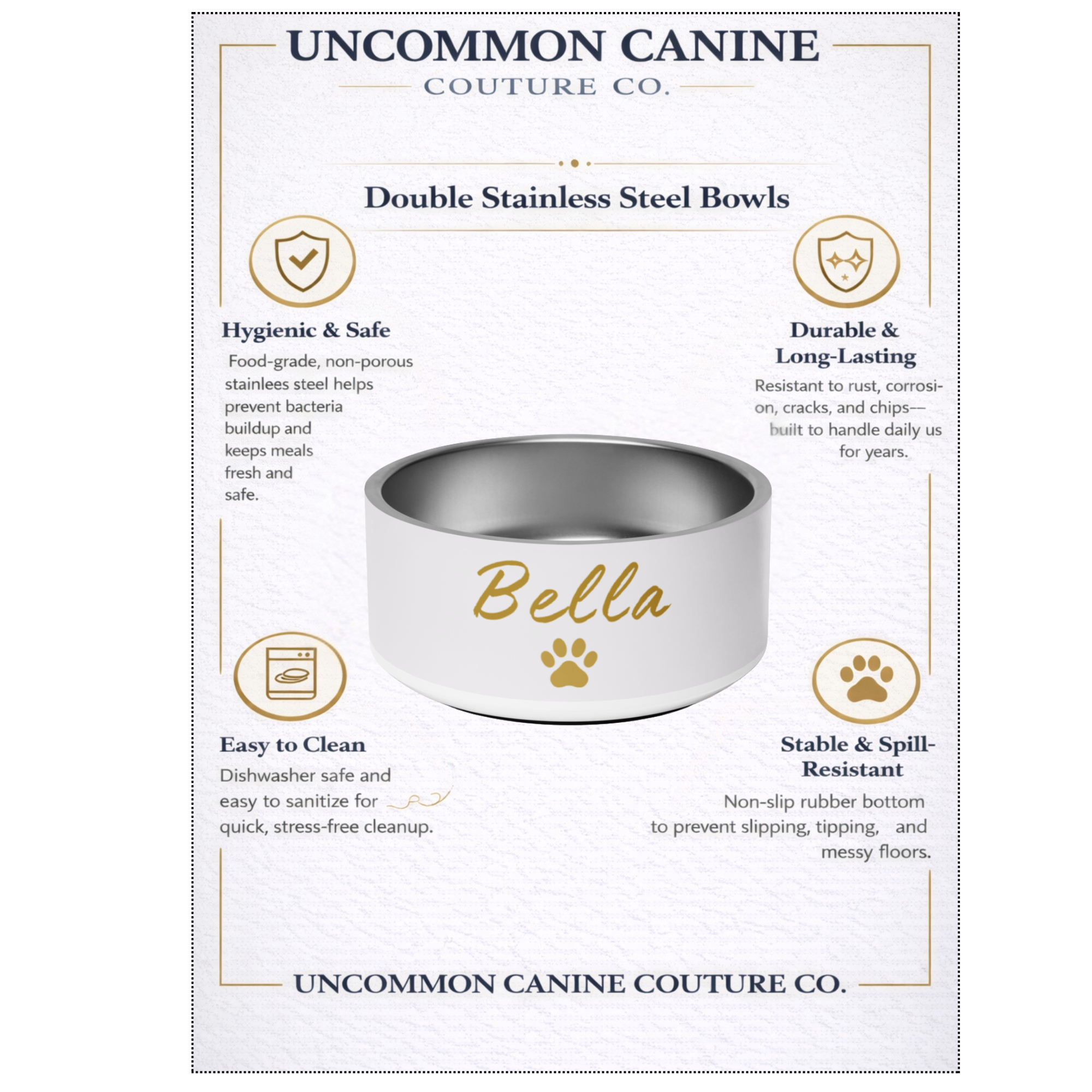 Uncommon Canine Couture Co., double stainless steel bowls with product features listed, dishwasher safe, antimicrobial, non-slip product benefit card.