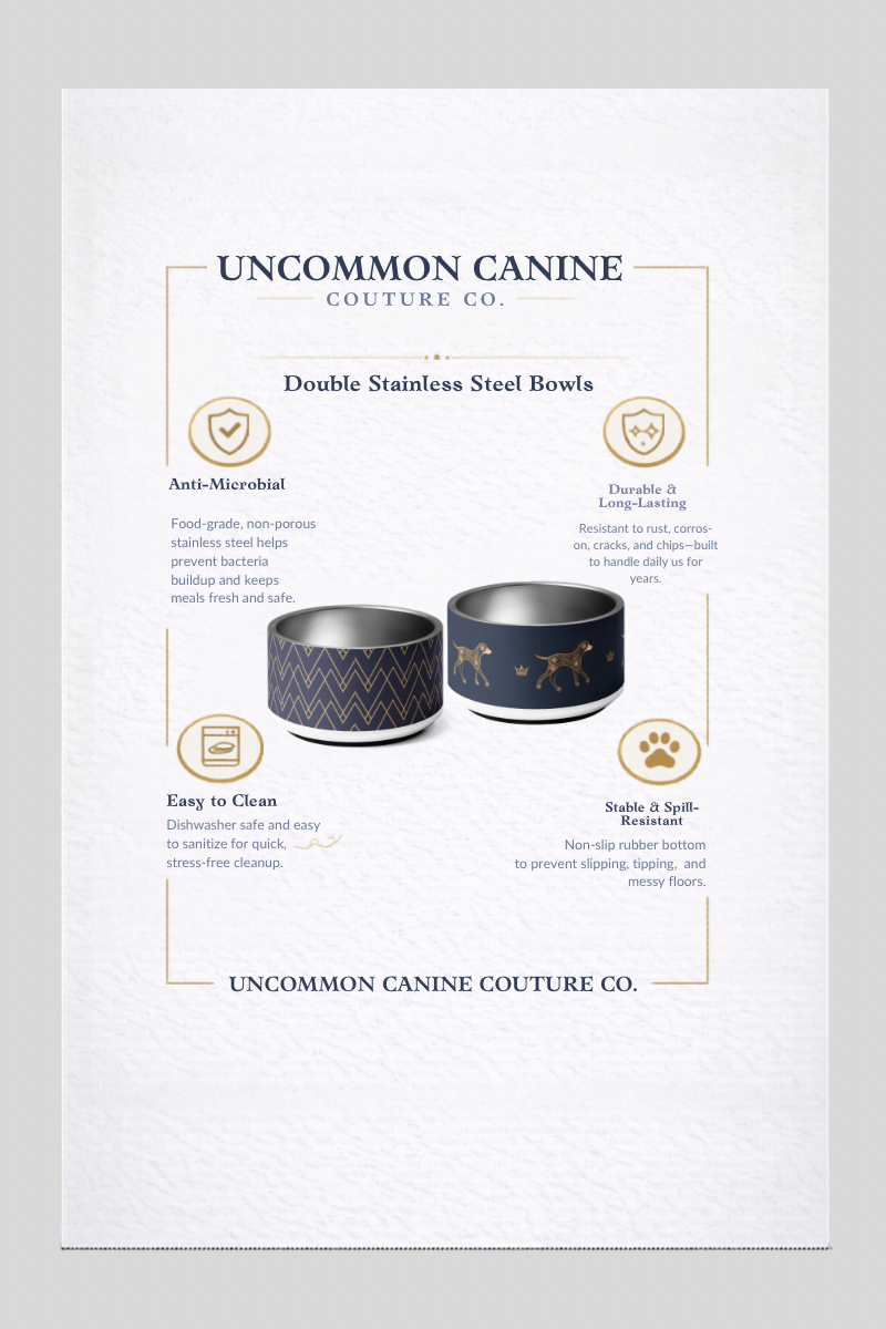 Uncommon Luxe Navy & Gold Dog Pattern Crown 18 oz Stainless Steel Dog Bowl