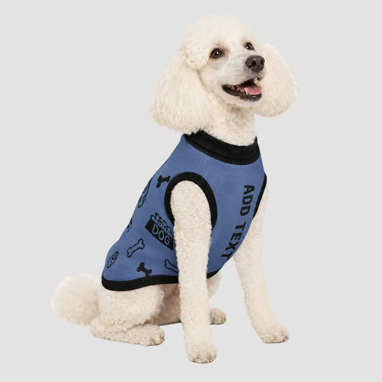 Medium dog blue icon pattern personalized dog sweater with black trim front view.