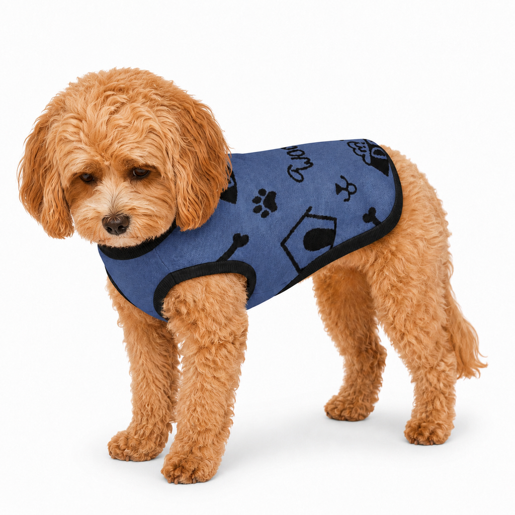 Blue dog sweater with black trim and arm opening side view for small dog.