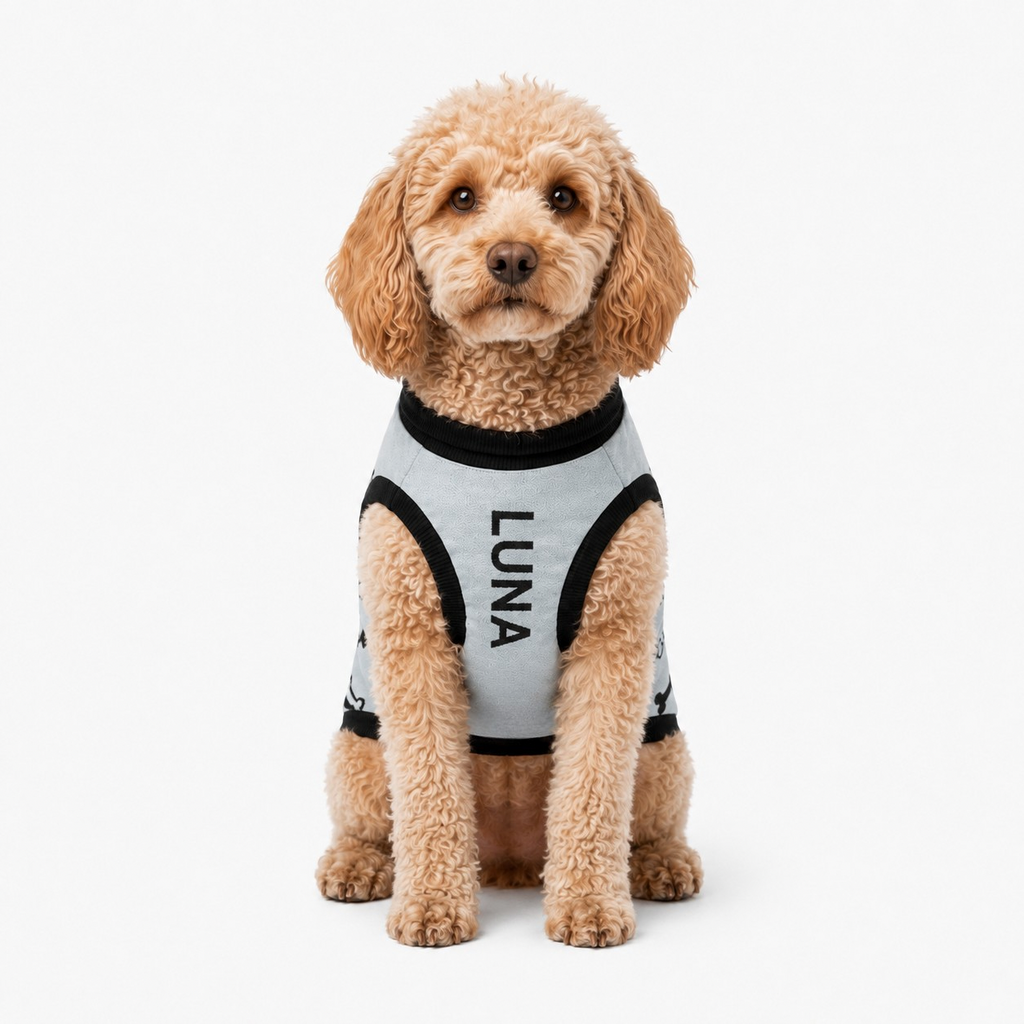 Unique Personalized Dog Sweater Powder & Black Front medium Uncommon Classic Luxe Icon Pattern, by Uncommon Canine Couture Co.