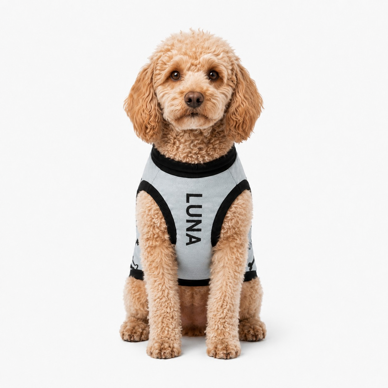 Unique Personalized Dog Sweater Powder & Black Front medium Uncommon Classic Luxe Icon Pattern, by Uncommon Canine Couture Co.
