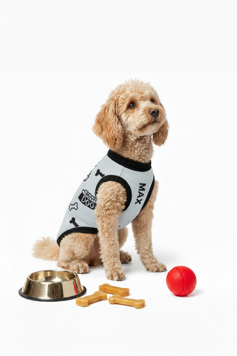 Unique Personalized Dog Sweater Powder and Black Front Uncommon Classic Luxe Icon Pattern Medium
