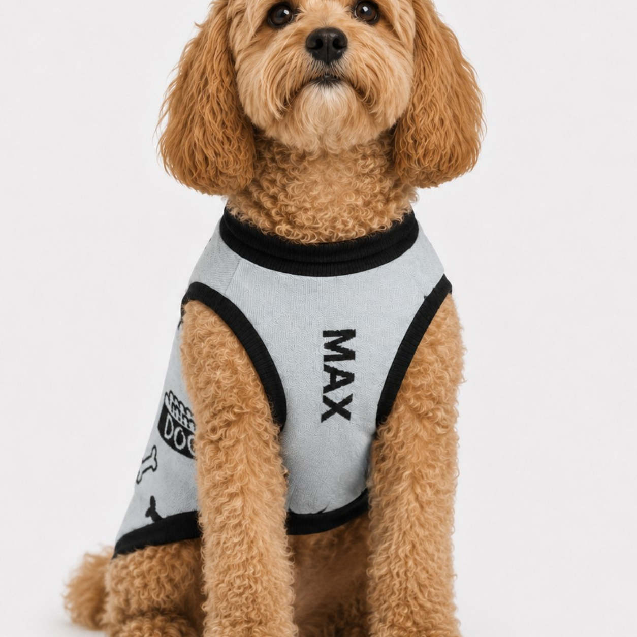 Unique Personalized Dog Sweater Powder & Black, Front Uncommon Classic Luxe Icon Pattern, by Uncommon Canine Couture Co.